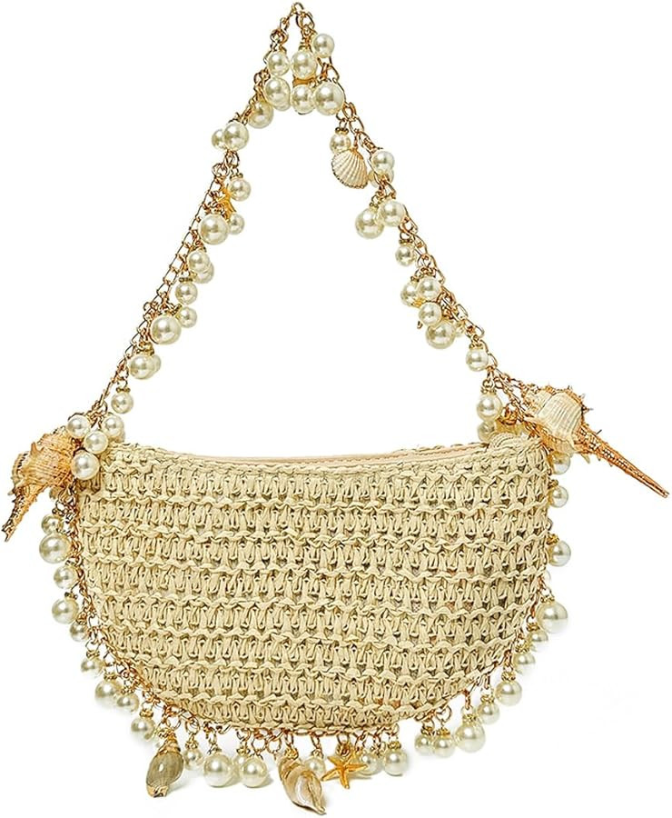 Pearl Straw Clutch Purse for Women Summer Vacation Purses Beach Evening Bag Beaded Shell Handbag | Amazon (US)