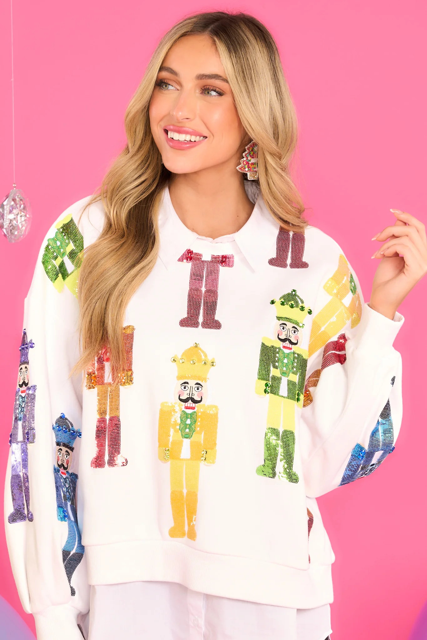 White & Rainbow Scatter Nutcracker Sweatshirt | Red Dress 