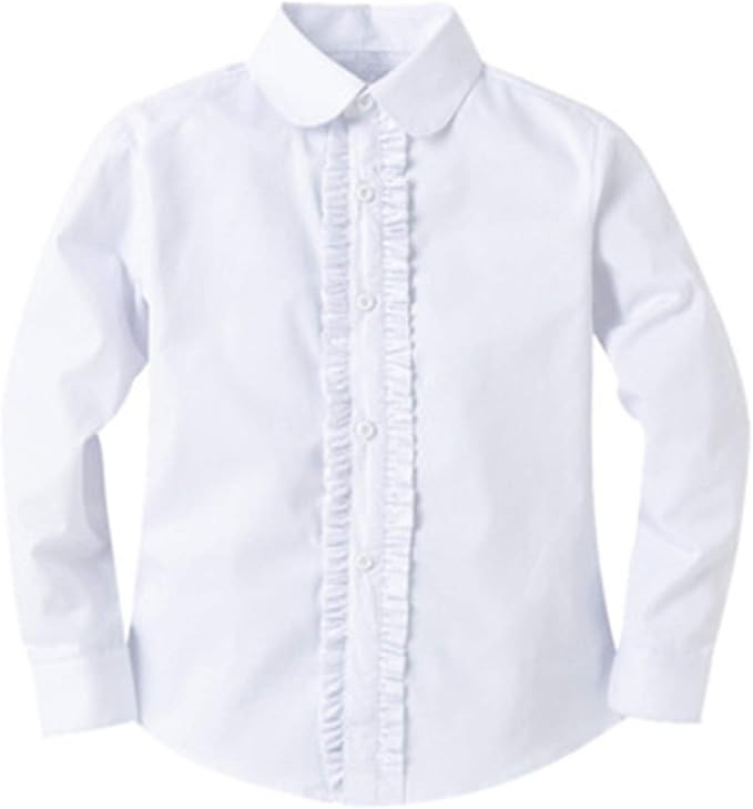 Bienzoe Girls School Uniform Shirt: Kids Summer Ruffle Button Down Long Sleeve Cotton Oxford Blou... | Amazon (UK)