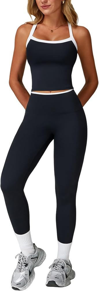QBGJTD Womens Workout Sets Two Piece Cross Back Tank Top Matching High Waist Leggings Sets Gym Ou... | Amazon (US)