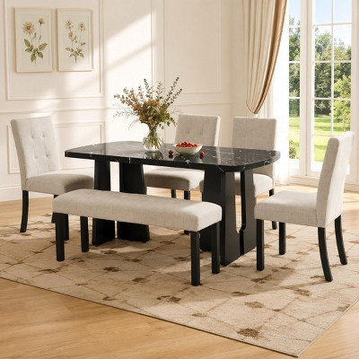Polibi Dining Table Set of 6, 63" Faux Marble Dining Table, 4 Upholstered Chairs, Bench for Kitchen Living Room, Beige, Black | Target