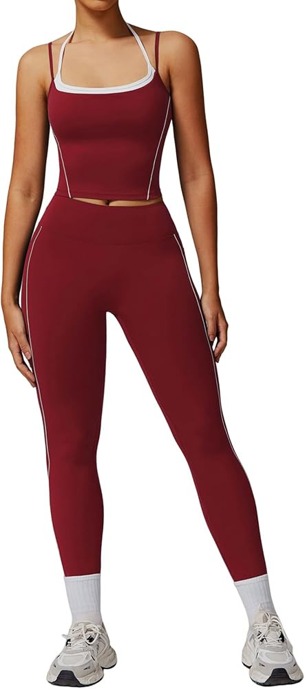 Womens Workout Sets Two Piece Spaghetti Straps Tank Top Matching High Waist Leggings Gym Work Out... | Amazon (US)