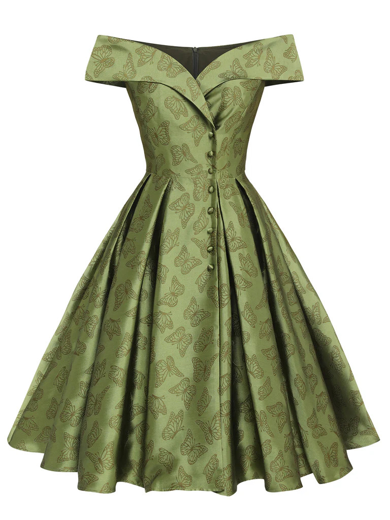 Green 1950s Off-Shoulder Vintage Dress | Retro Stage