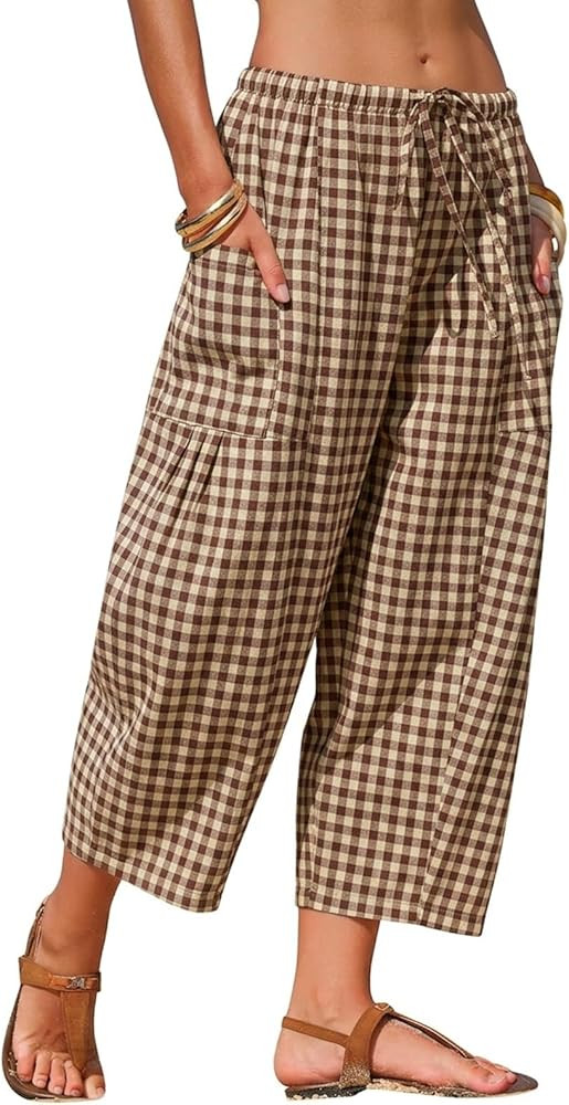 EXLURA Womens Cotton Faux Linen Gingham Barrel Capri Pants Plaid Palazzo Trousers Harem Pants Poc... | Amazon (US)