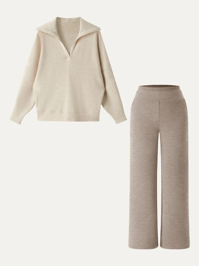 2Pcs Set Petite Double Waistband Straight Pants & V-Neck Batwing Sleeve Pullover | OGLmove