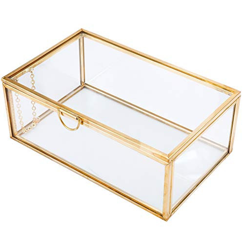 HighFree Vintage Glass Box with Lid - Clear Jewelry Glass Display Box Keepsake Box - Home Decor Decorative Box for Trinket Rings Bracelet (Gold, X-Small) | Amazon (US)