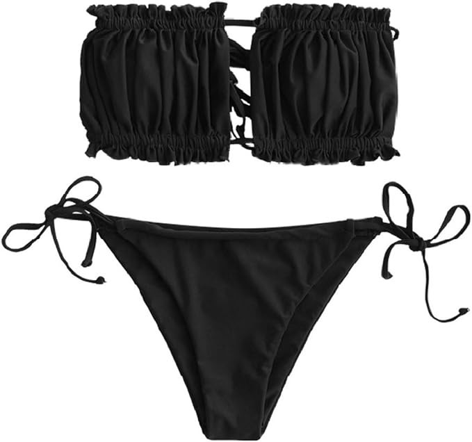 ZAFUL Women 2 Piece Strapless Bikini Swimsuits Ruffle Ribbed Self Tie Bandeau Bikini Set High Cut... | Amazon (US)
