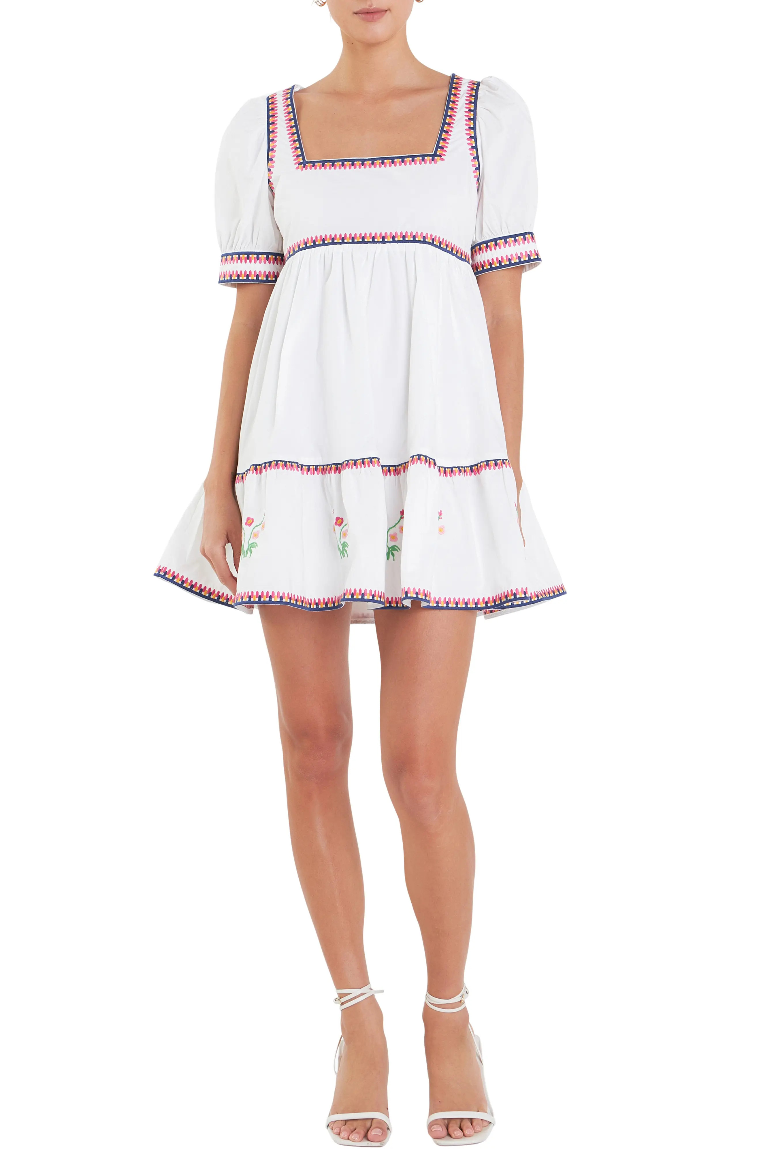 English Factory Embroidered Puff Sleeve Cotton Babydoll Dress in Ivory Multi at Nordstrom Rack, Size Medium | Nordstrom Rack