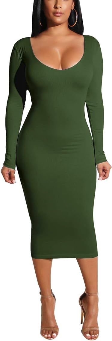 Cmprvgd Women's Open Back Long Sleeve Bodycon Party Midi Dresses | Amazon (US)