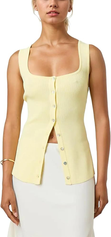 Women Square Neck Button Down Knit Tank Top Button-Up U Neck Sleeveless Backless Solid Slim Sexy ... | Amazon (US)