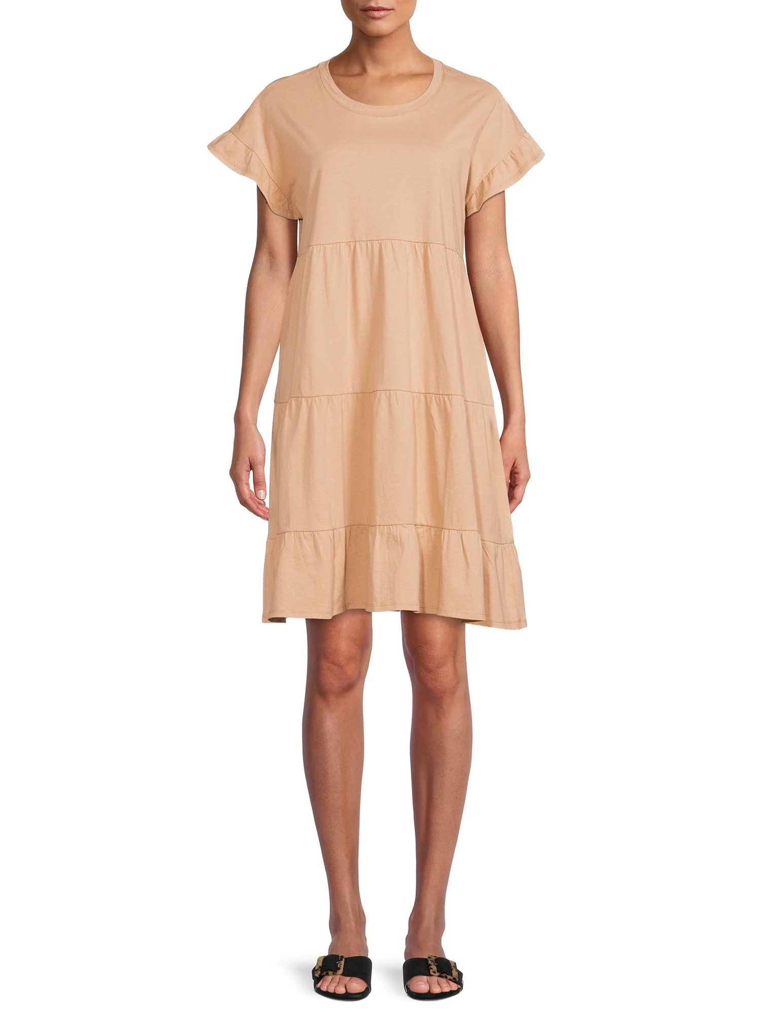 Time and Tru Women's Short Sleeve Flutter Tiered Dress - Walmart.com | Walmart (US)