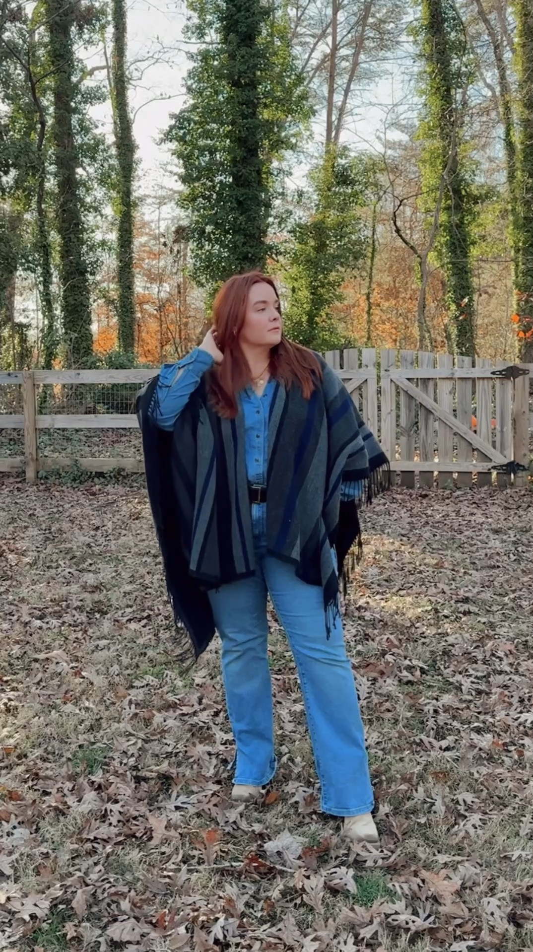 Old black and navy striped ruana/cape, but found a similar one! The all denim look is all Lane Bryant. Jeans are sold out, so I’ve linked similar and they’re both on sale for less than $60!

#LTKMidsize #LTKStyleTip #LTKPlusSize
