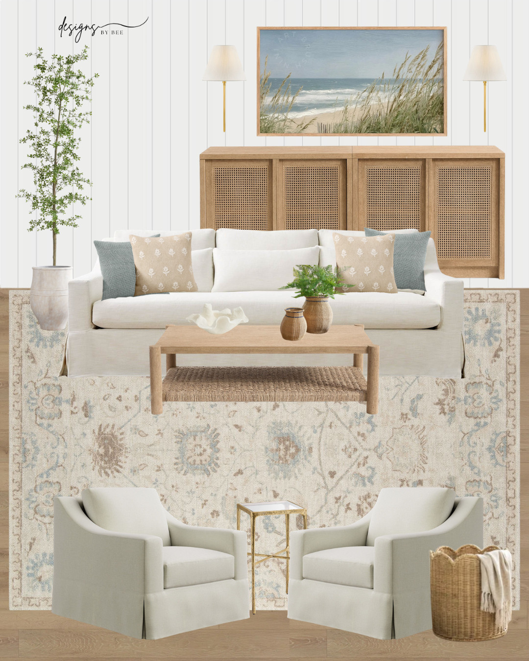 Pottery barn living room, white slipcovered sofa, linen armchairs, cane media console, rattan coffee table, neutral vintage rug, coastal wall art, beach landscape painting, brass wall sconces, faux indoor tree, woven basket, block print pillows, organic modern decor, transitional living room 

 #LTKHome