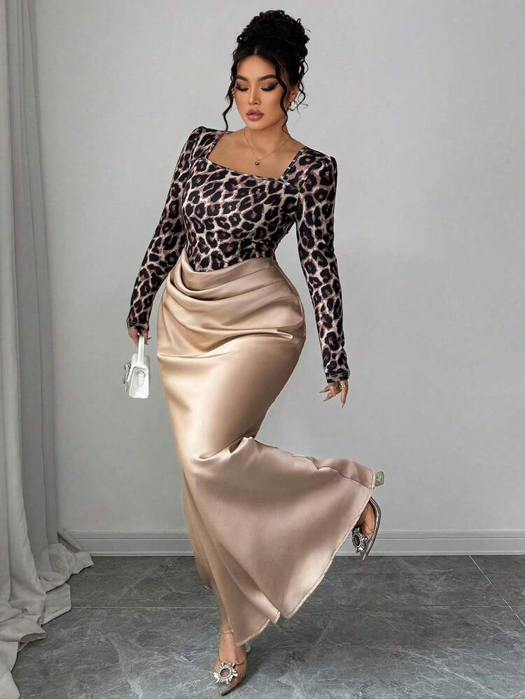 Elenzga Plus Size Women's Turtleneck Leopard Print Satin Ruched Bodycon Fishtail Dress, Sexy Slim Fit Long Sleeve, French Chic Elegant For Party, Commute, Photo Shoot, Layered With Long Skirt | SHEIN