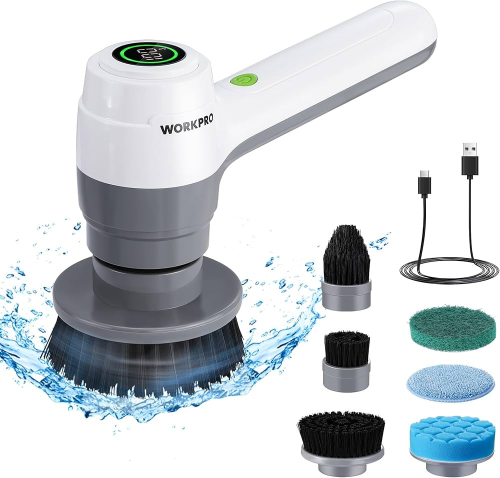 WORKPRO 8V Electric Spin Scrubber, 3-Speed Adjustable Shower Scrubber with 6 Replaceable Brush He... | Amazon (US)