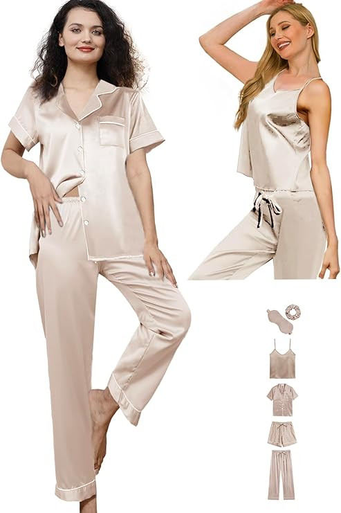 6Pcs Womens Silk Satin Pajama Sets Pj Sets Short Pjs Set Pajamas Sleepwear Camisole Sexy Cami | Amazon (US)