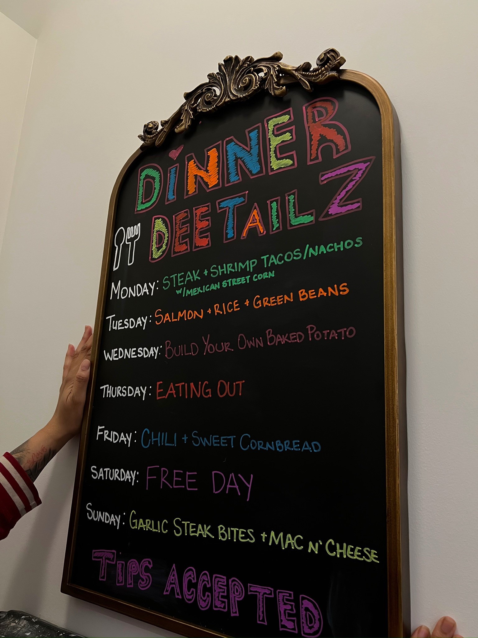 If you’re not planning your weekly meals with gold frames and neon markers, wyd?! 
This board lives rent-free in my kitchen AND my heart. 
Yes to Taco Mondays, yes to “Build Your Own Baked Potato,” and yes to FREE DAY (bc balance 🧘🏽‍♀️). 
You already know I added ✨"Tips Accepted"✨ because this chef don’t cook for free 💅🏽

#DinnerDeetailz #KitchenGlowUp #MealPlanButMakeItCute Style #DeeDidThat #LTKBoardGoals#LTKHome

#LTKStyleTip #LTKFindsUnder100 #LTKHome