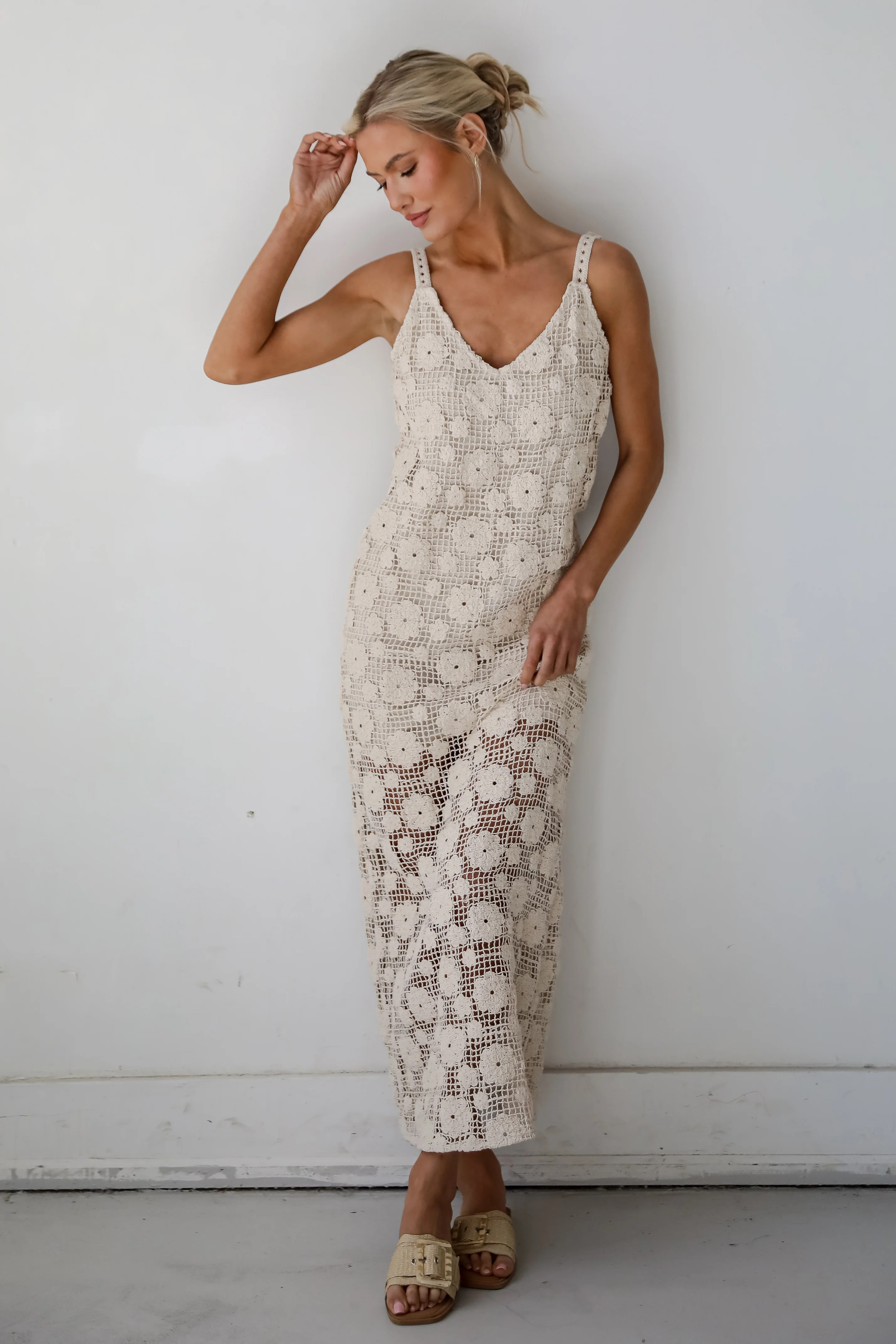 Cute Natural Floral Crochet Maxi Dress | 2-Piece Sets | Dress Up | Dress Up