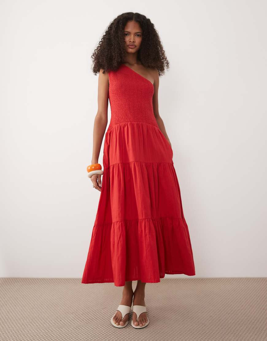 Nobody's Child Cecilia one shoulder tiered skirt midi dress in red | ASOS (Global)