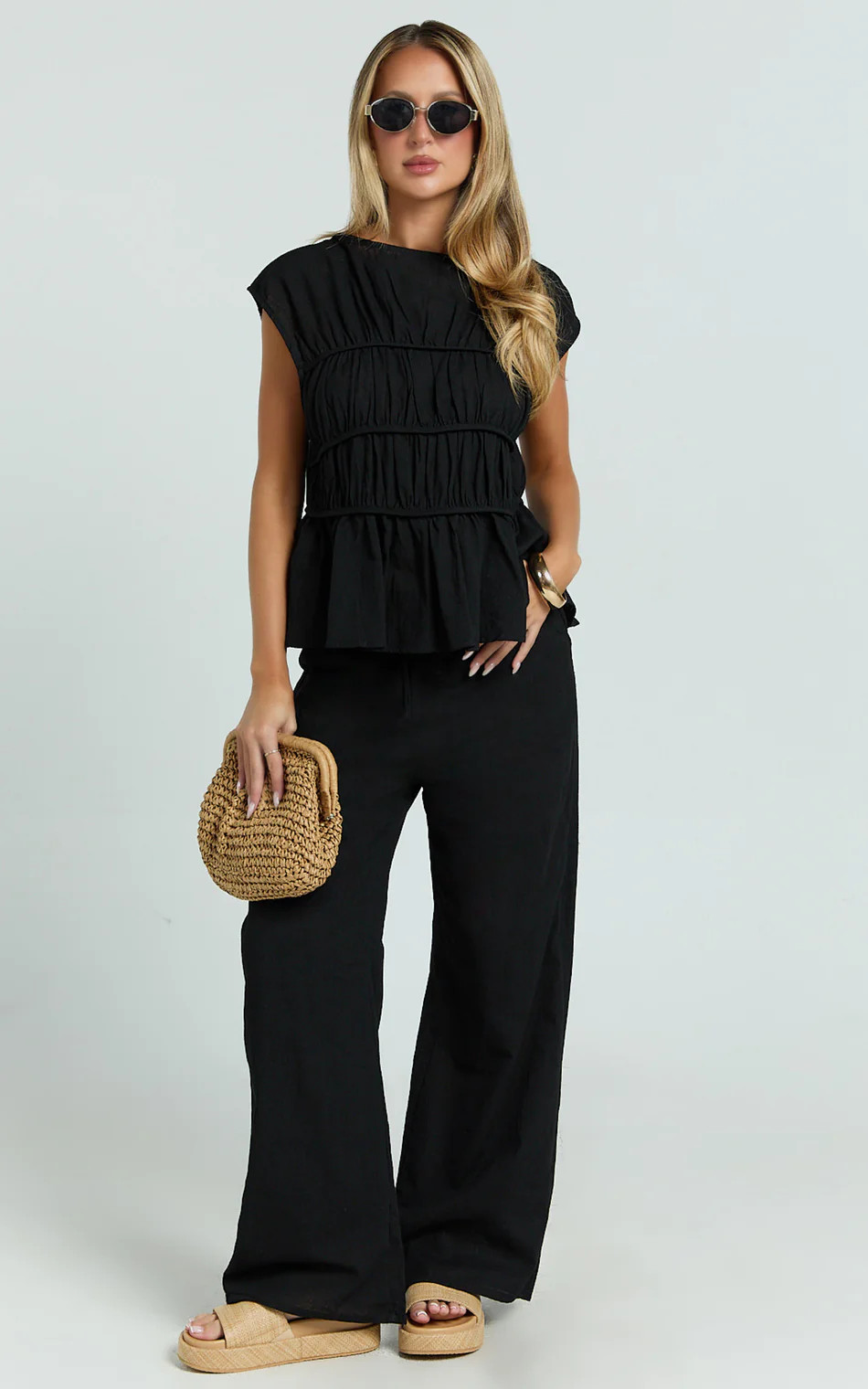 Auric Two Piece Set - Ruched Detail Top and Wide Leg Pants Set in Black | Showpo (ANZ)