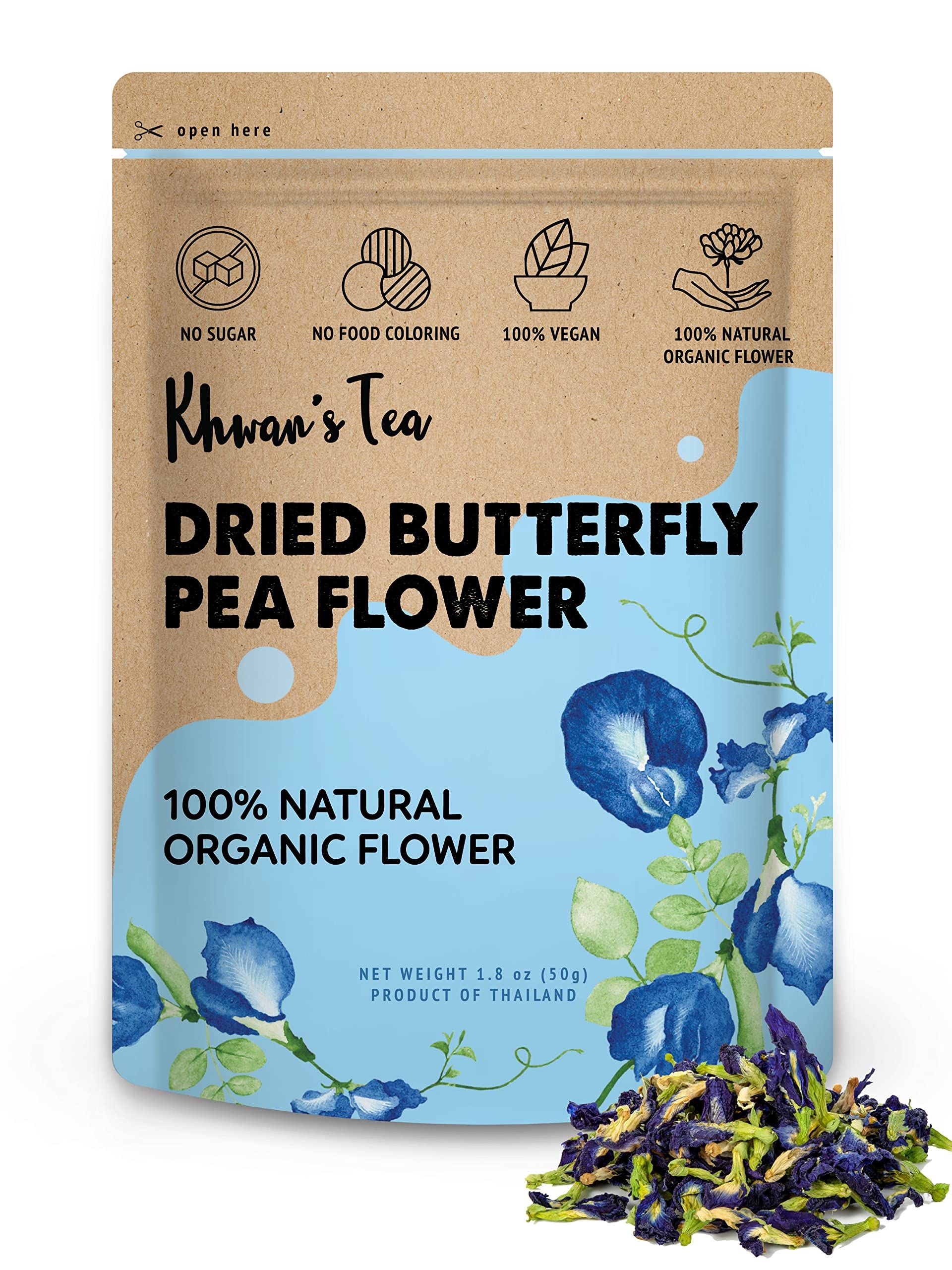 KHWAN'S TEA Dried Butterfly Pea Flowers Blue Tea Clitoria Ternatea Flower Herbal Tea Organic, Caf... | Amazon (US)