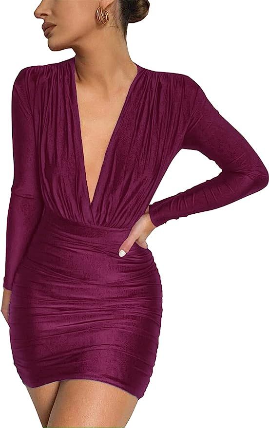 Cantonwalker Women's Sexy Deep V Neck Long Sleeve Ruched Shiny Bodycon Clubwear Party Mini Dresse... | Amazon (US)