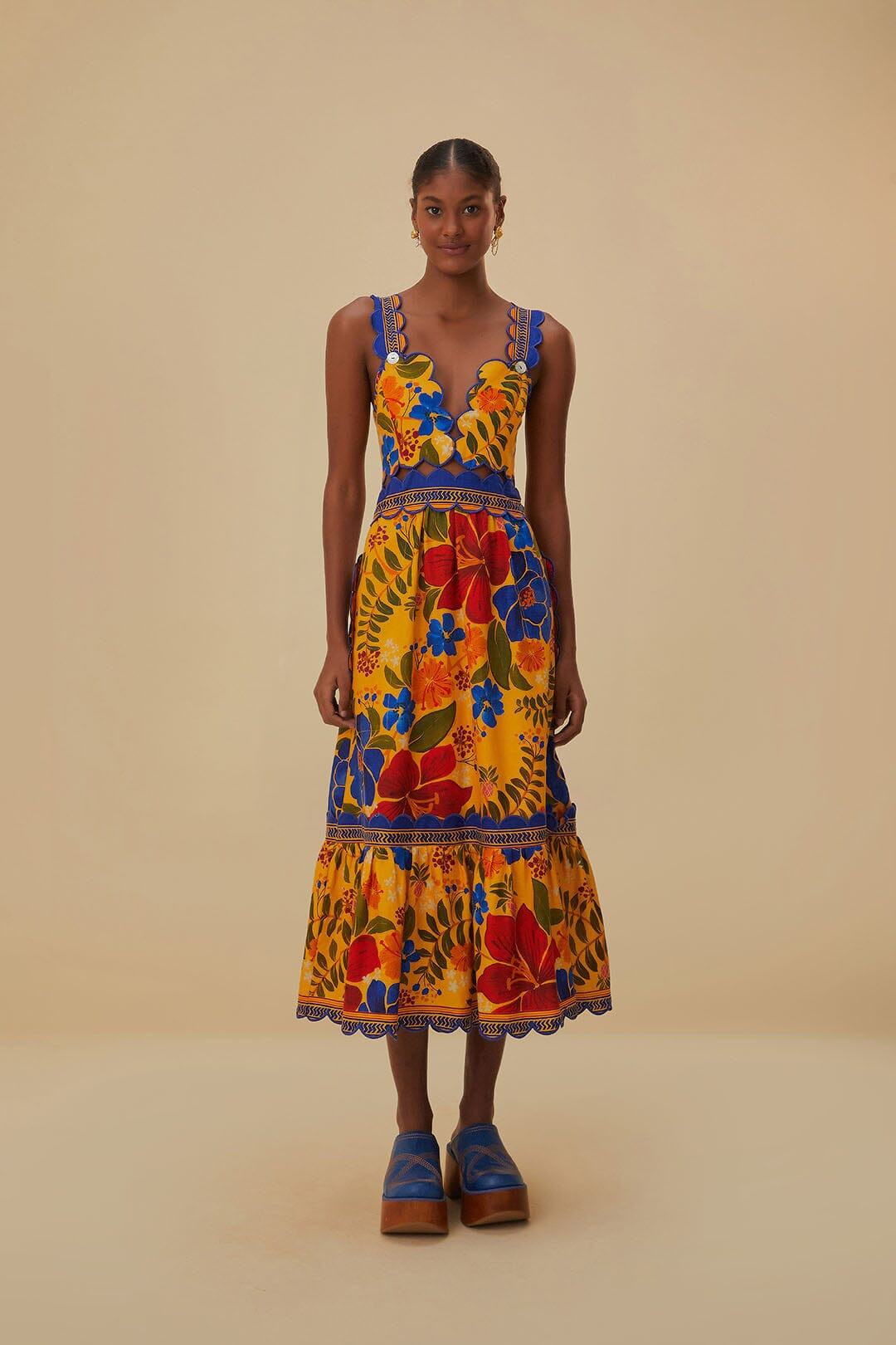 Yellow Floral Yard Lenzing™ Ecovero™ Euroflax™ Midi Dress | FarmRio (US)