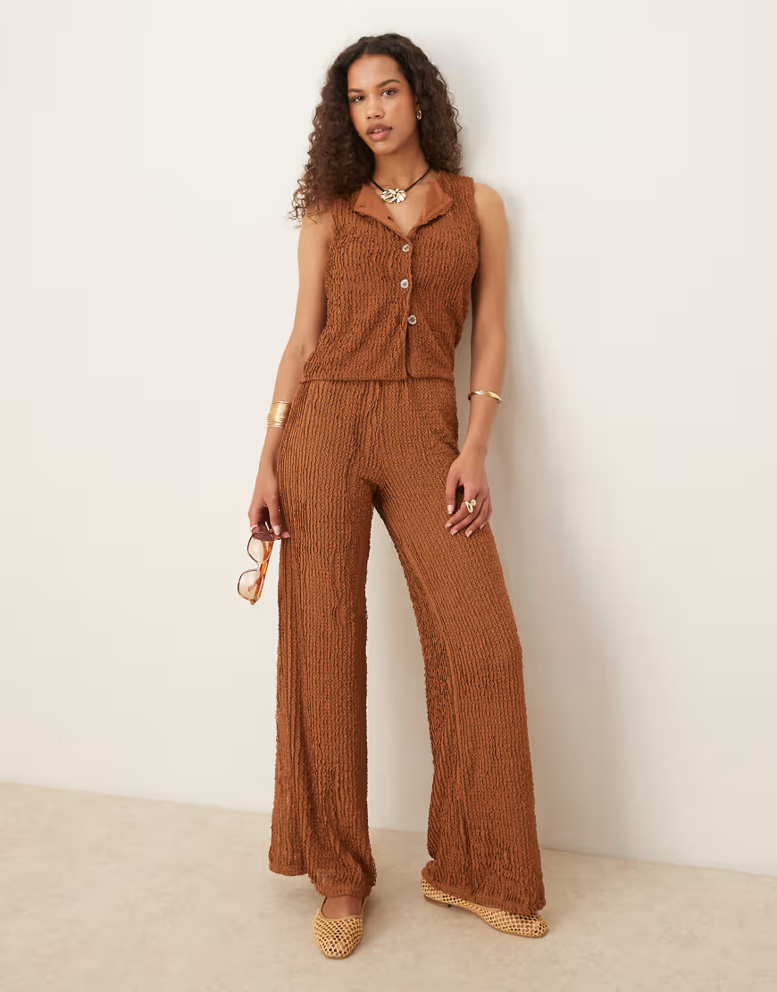 ASOS DESIGN textured wide leg pants in brown - part of a set | ASOS (Global)