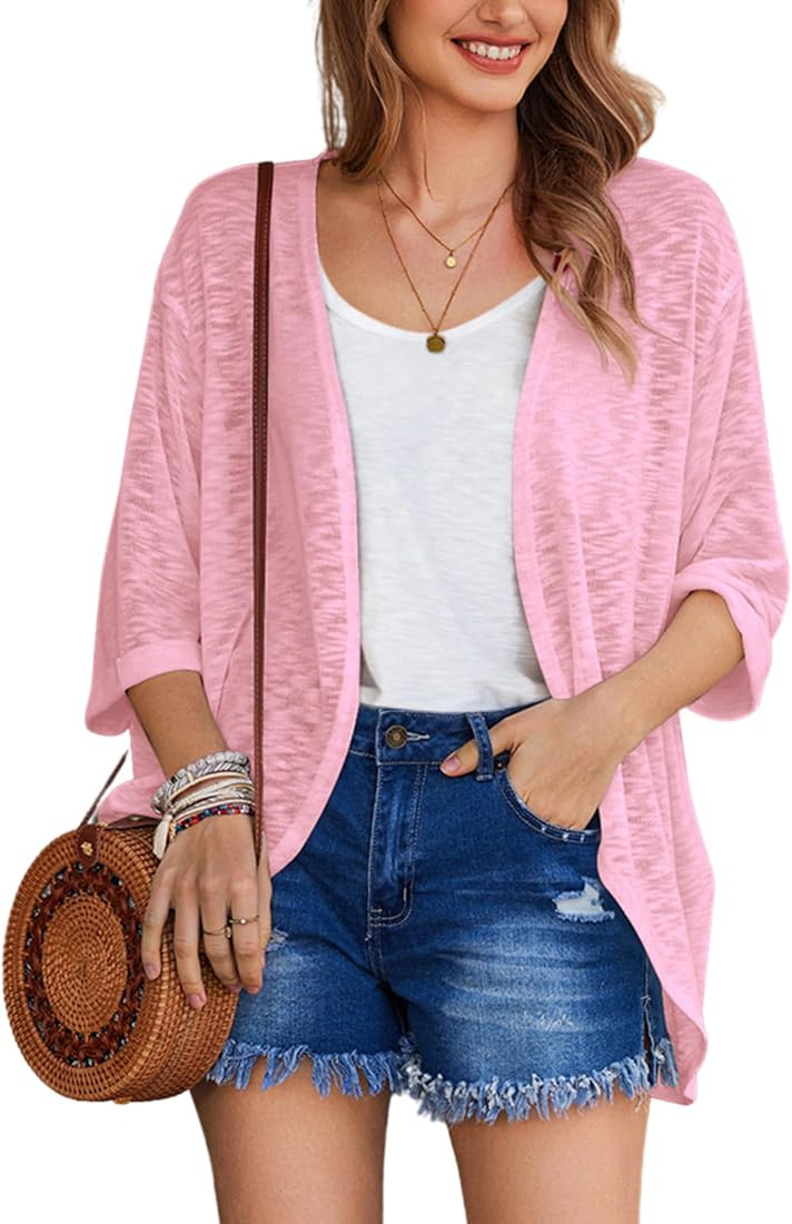 HOTOUCH Womens Lightweight Cardigan Open Front 3/4 Sleeve Casual Loose Fit Beach Cover Up | Amazon (US)