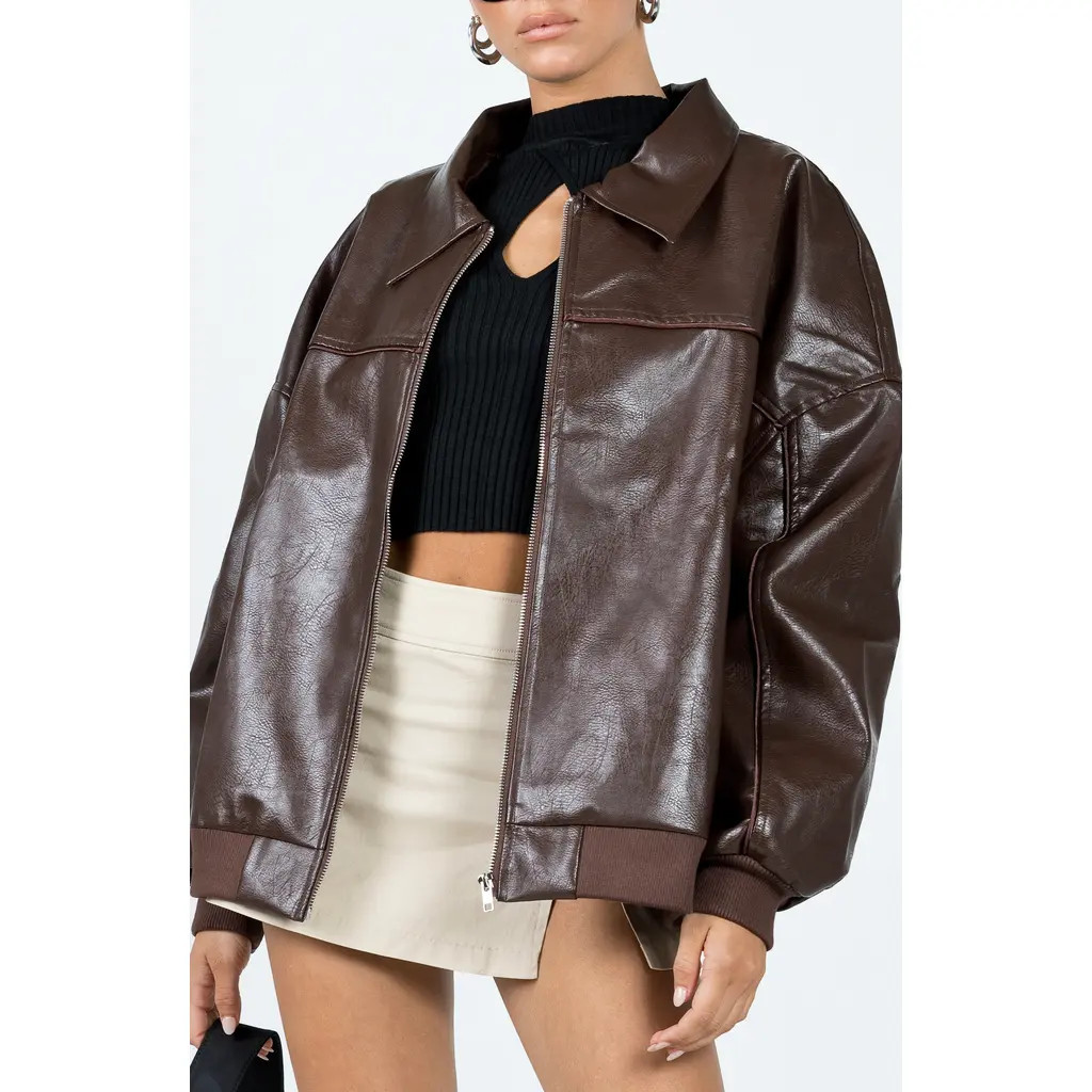 Princess Polly Goldsmith Oversize Faux Leather Bomber Jacket in Brown at Nordstrom, Size 2 | Nordstrom