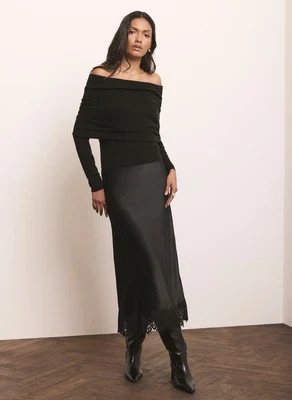 Black Satin Lace Trim Maxi Skirt | Mint Velvet