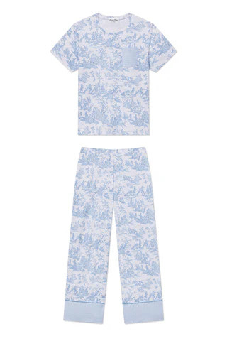 Pima Crew Wide Leg Pajama Set in Classic Blue Toile | Lake Pajamas