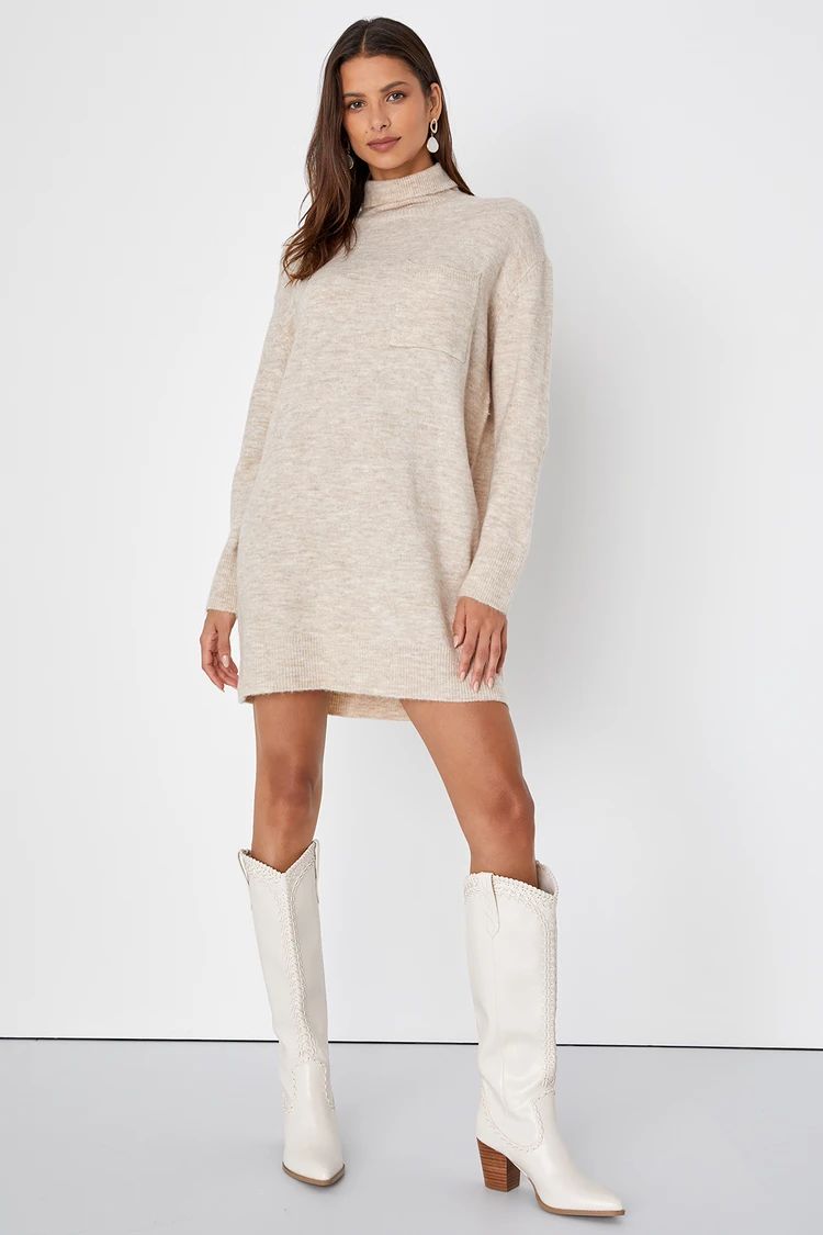 Positively Charming Heather Beige Turtleneck Mini Sweater Dress | Lulus