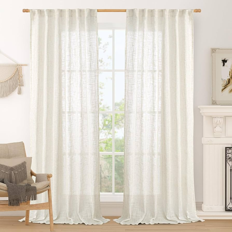 LAMIT Semi Sheer Linen Curtains 96 inches Long 2 Panels Set, Light Filtering Semi Sheer Panels Ba... | Amazon (US)