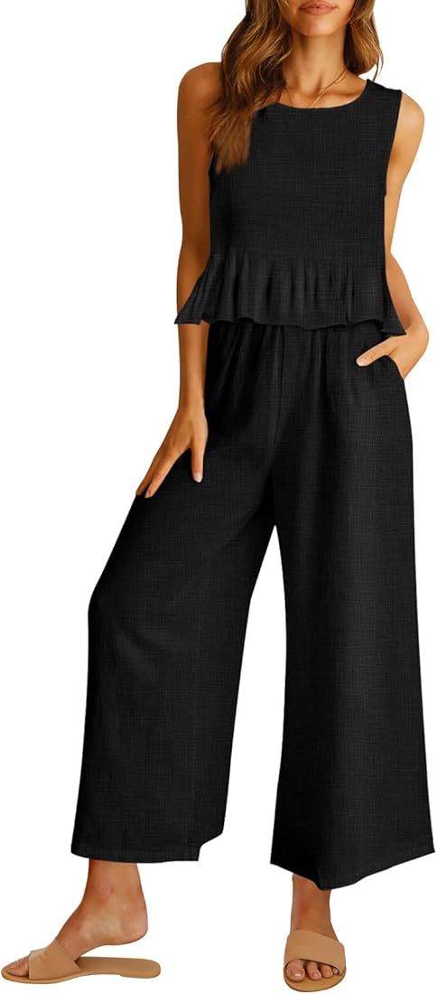 AUTOMET Women's Summer 2 Piece Outfits Linen Crop Tank Top Lounge Matching Sets & Long Pants Tracksu | Amazon (US)