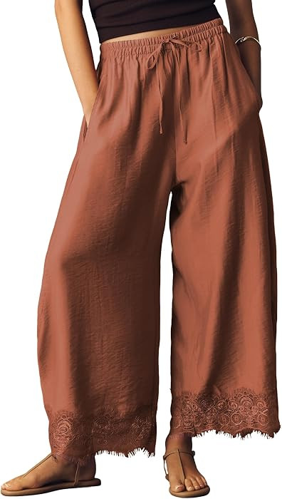 Cropped Lace Hem Wid Leg Pants for Women Summer High Waist Drawstring Balloon Lightweight Beach Trousers with Pockets | Amazon (US)