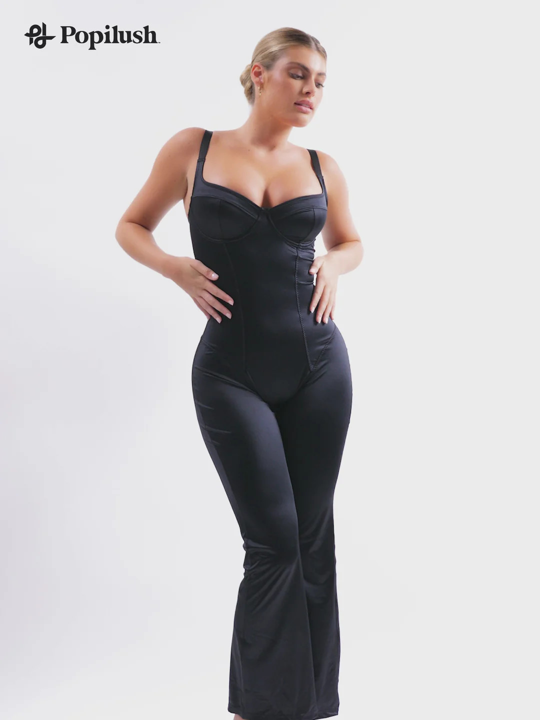 Shapewear Sculpting Shine Flare Leg Corset Jumpsuit | Popilush