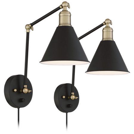 360 Lighting Modern Wall Lamp Plug-In Set of 2 Black and Antique Brass for Bedroom Reading Living... | Walmart (US)