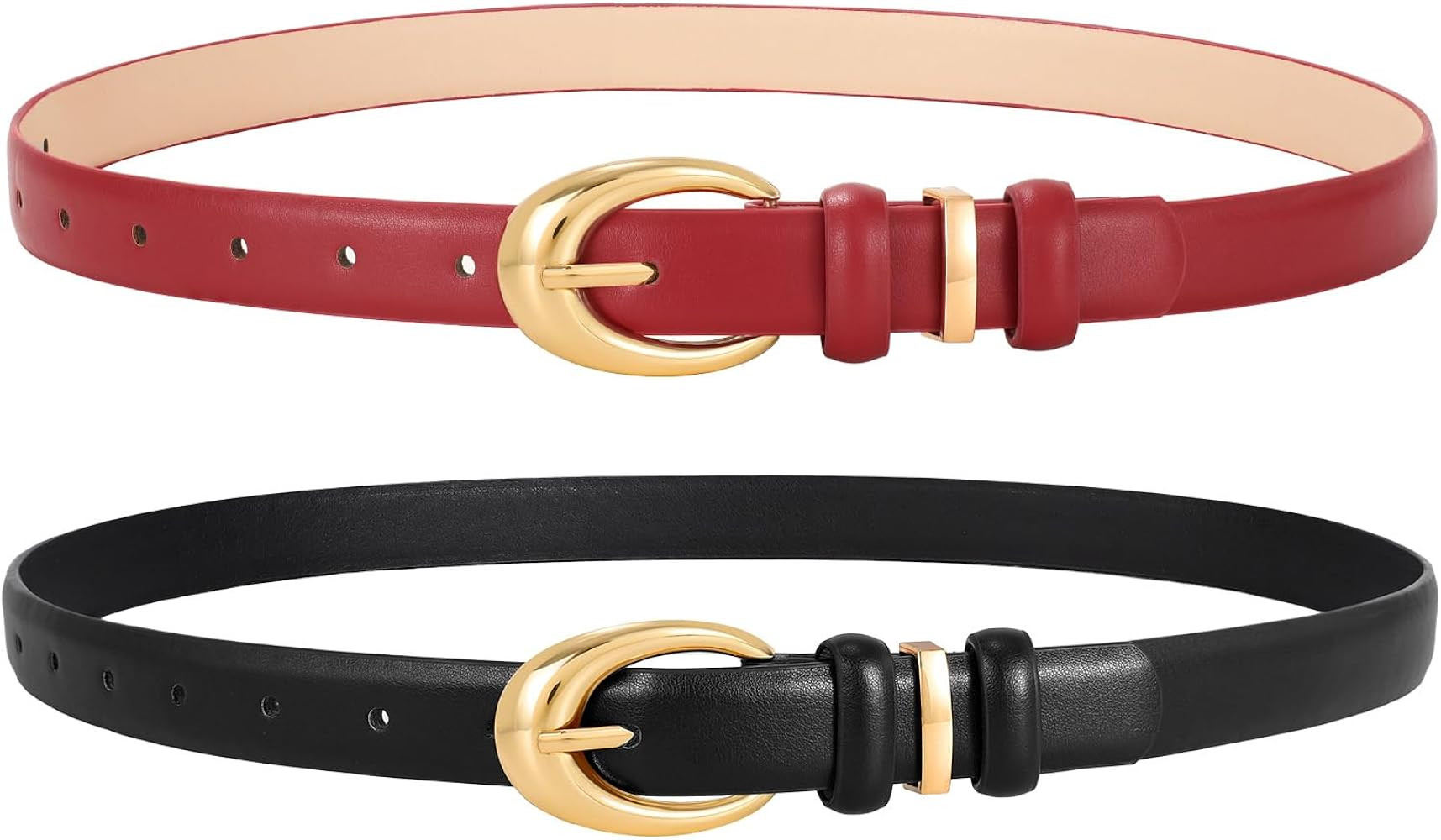 LEACOOLKEY 2 Pack Women Leather Belts for Jeans Dress Fashion Skinny Belt with Gold Silver Buckle | Amazon (US)