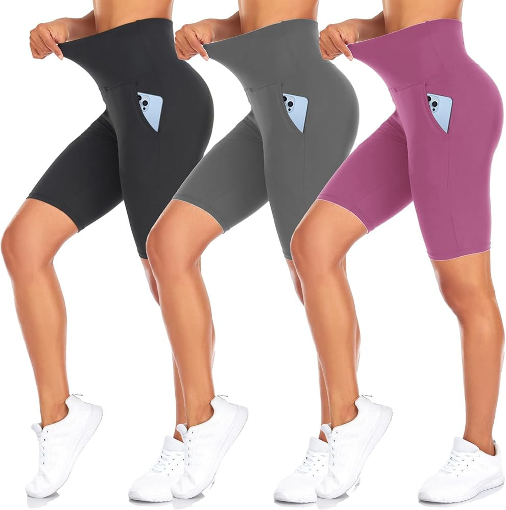 NEW YOUNG 3 Pack Biker Shorts for Women with Pockets Tummy Control-8" High Waisted Workout Black ... | Amazon (US)