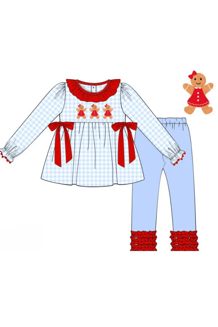 Pre-Order French Knot Gingerbread Blue Gingham Ruffle Pant Set | The Smocked Flamingo