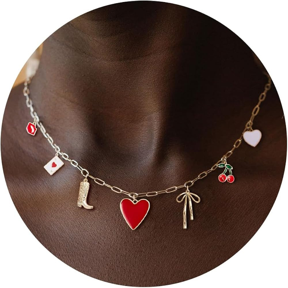 Charm Necklace-14K Gold Plated Charm Necklace Bow Cross Butterfly Cat Heart Cherry Poker Boots Ch... | Amazon (US)