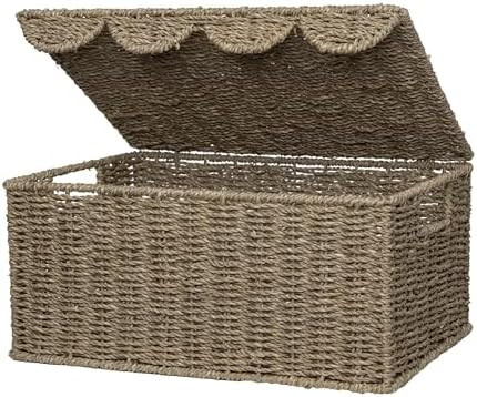 StorageWorks Wicker Storage Basket with Scalloped Edge Lid, Wicker Basket with Built-in Handles, ... | Amazon (US)