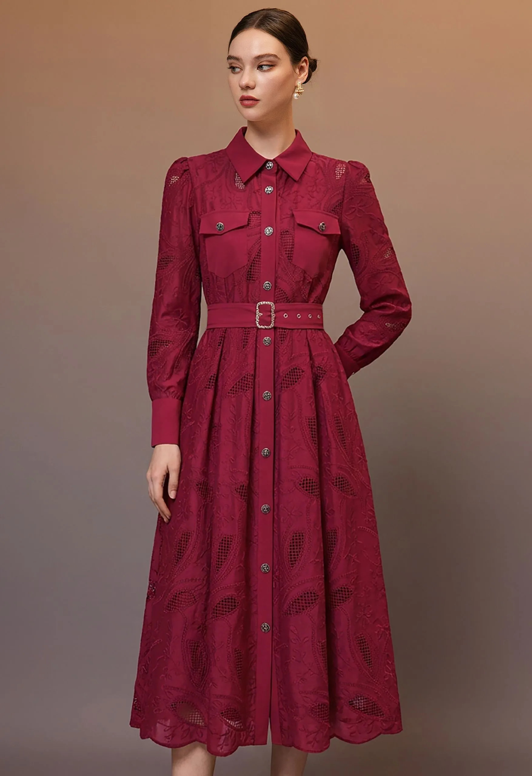 Floral Leaf Cutwork Embroidered Belted Shirt Dress in Red for Garden Parties & Brunch Gatherings | Chicwish