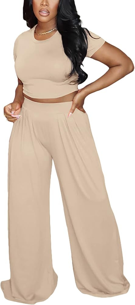 Fooullaide Summer Two Piece Outfit for Women Sexy Short Sleeve Crop Tops Sweatsuit High Waist Wid... | Amazon (US)