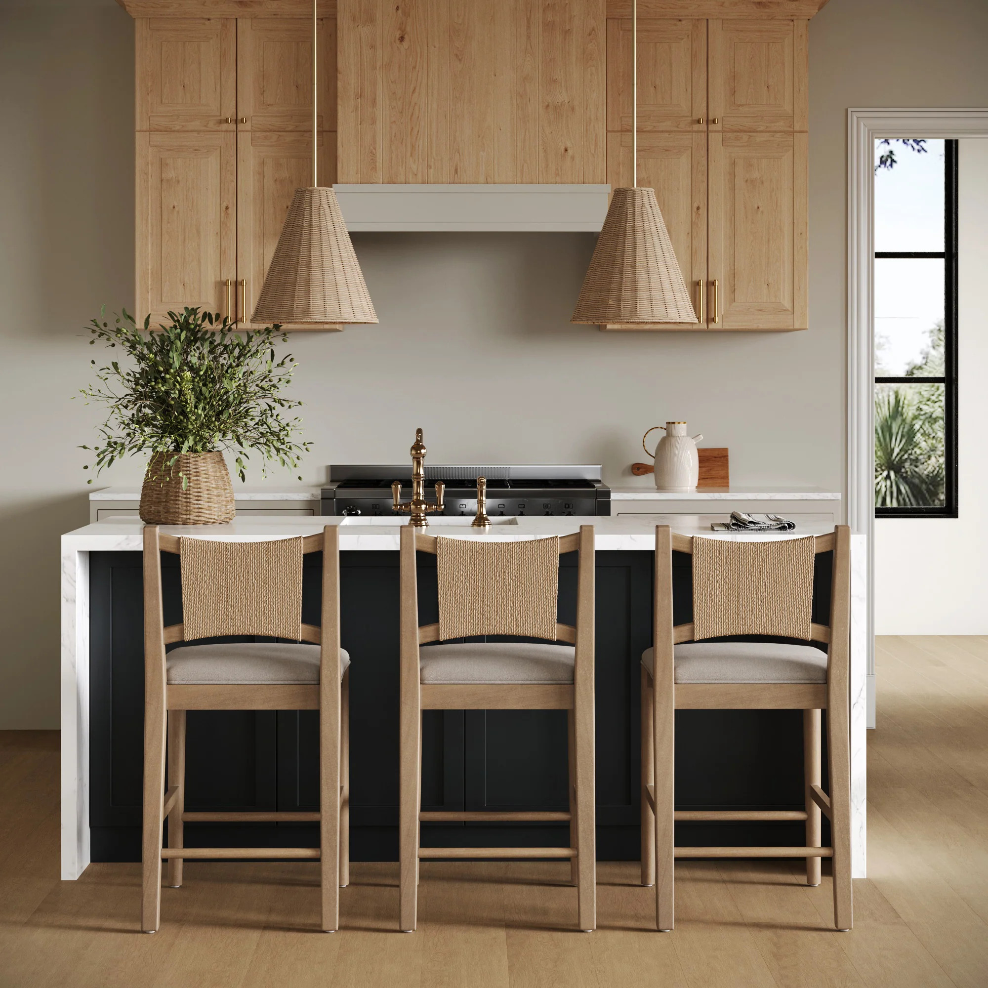 Seagrass Back Arched Footrest Counter Height Bar Stool (Set of 3) | Nathan James