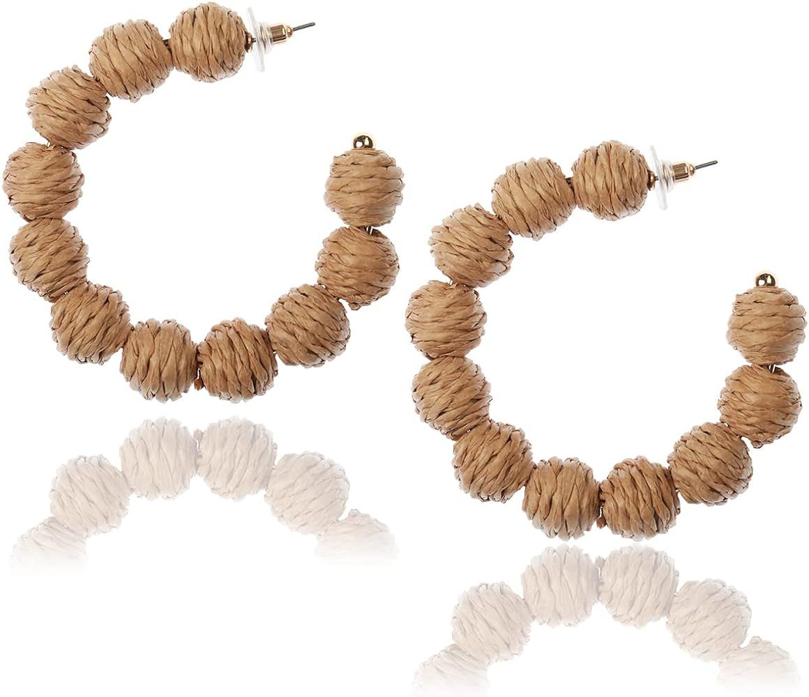 Rattan Earrings Rattan Ball Hoop Dangle Earrings for Women Handmade Bohemia Earrings Braid Straw Wic | Amazon (US)