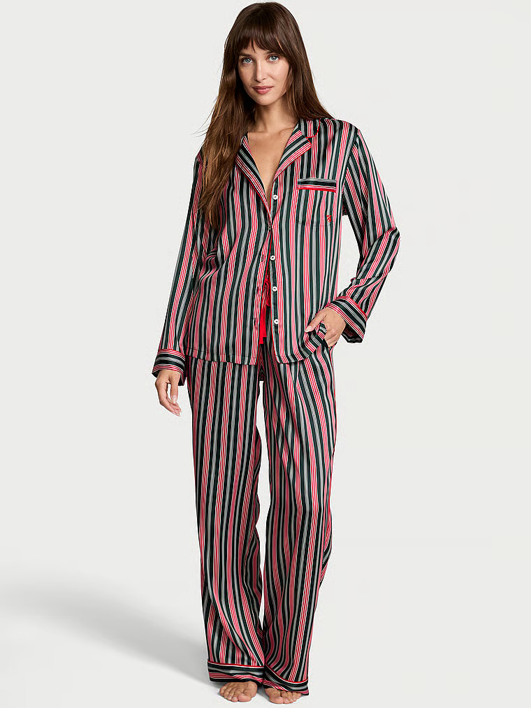 Buy Glazed Satin Long Pajama Set, Festive Red & Green Stripe - Order Pajamas Sets online - Victor... | Victoria's Secret (US / CA )
