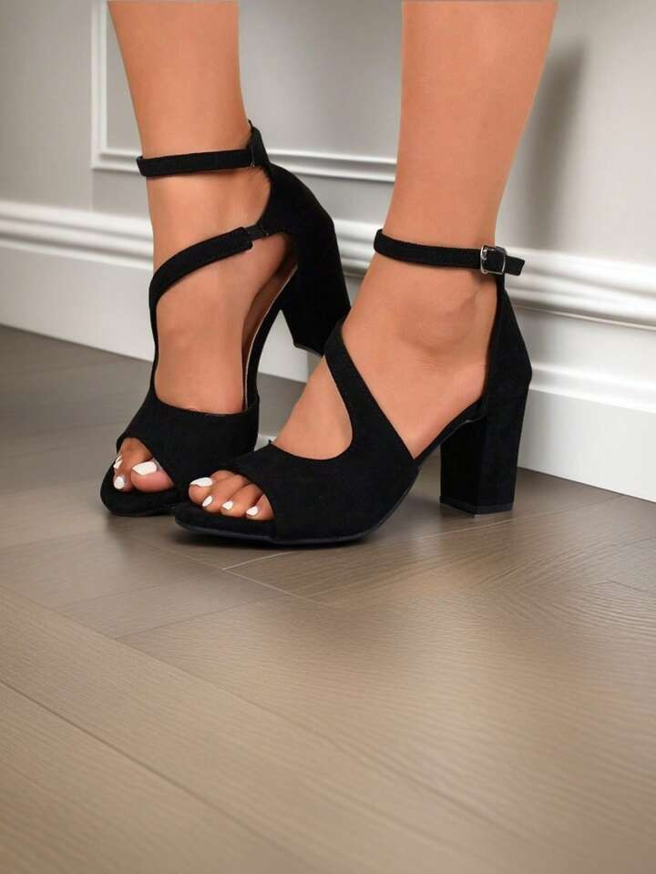 Teenager's High Heel Sandals, Peep Toe Suede Chunky Heel High Heel Sandals, Fashionable Strap Girl Sandals | SHEIN