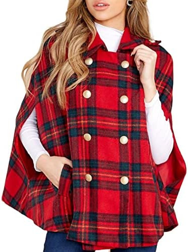 Womens Plaid Jacket Double Breasted Winter Cape Coats Turn Down Poncho with Pockets | Amazon (US)